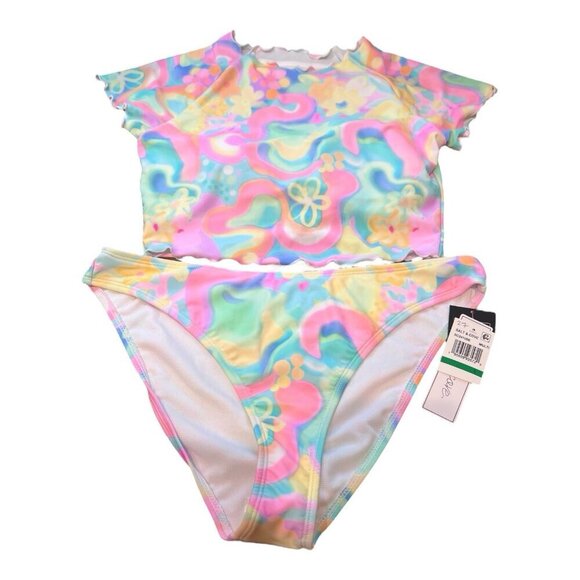 Salt & Cove Printed Lettuce Edge Short Sleeve Swim Top & Bikini Large Retro - Picture 1 of 12
